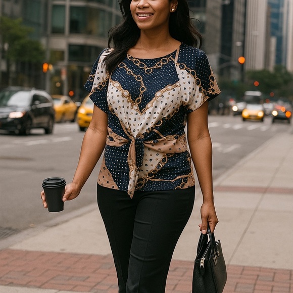 FAITH AND JOY | by Monteau Navy and Gold Patterned Top - Picture 1 of 14